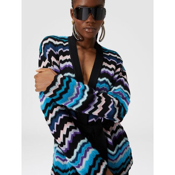 Missoni Zigzag Belted Textured Cardigan in Multicolor On Blue Base IT 48 US 12 - Picture 2 of 5